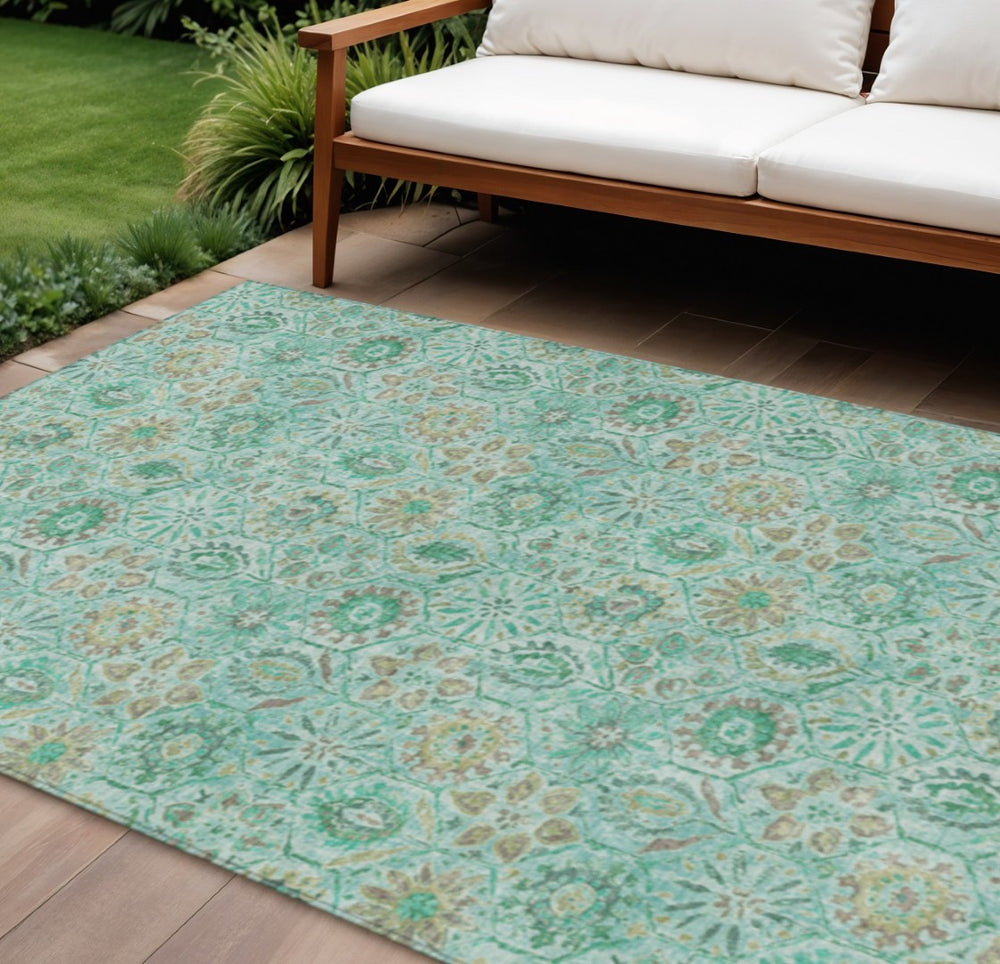 HomeRoots 5' Aqua and Beige Floral Area Rug – Durable, Washable Indoor Outdoor Design for High-Traffic Spaces 10' X 14' 626493