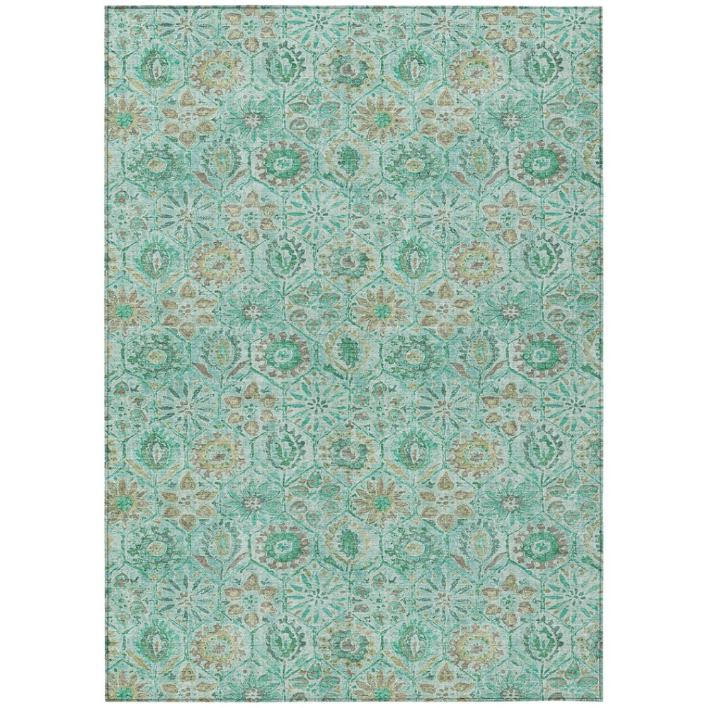 HomeRoots 5' Aqua and Beige Floral Area Rug – Durable, Washable Indoor Outdoor Design for High-Traffic Spaces 10' X 14' 626493
