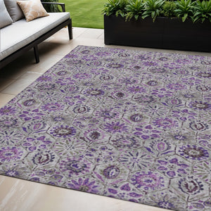 HomeRoots 5' Elegant Purple and Gray Floral Area Rug - Durable, Washable Design for Indoor and Outdoor Use 5' X 8' 626513