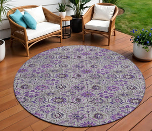 HomeRoots 5' Elegant Purple and Gray Floral Area Rug - Durable, Washable Design for Indoor and Outdoor Use 8' Round 626514