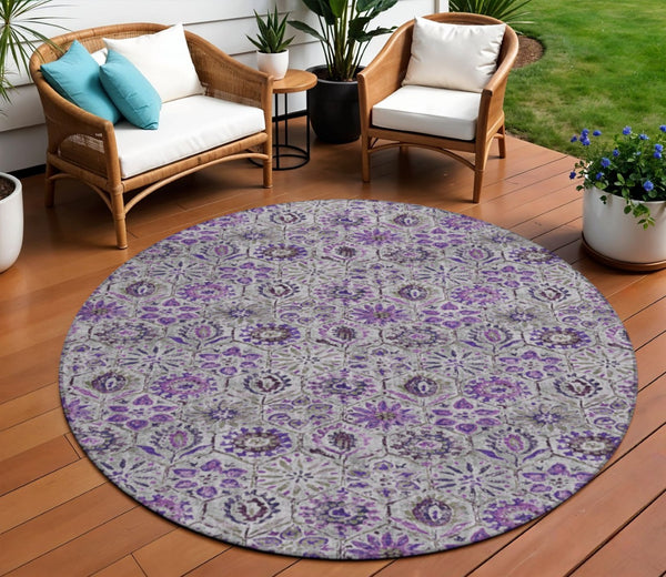 HomeRoots 5' Elegant Purple and Gray Floral Area Rug - Durable, Washable Design for Indoor and Outdoor Use 8' Round 626514