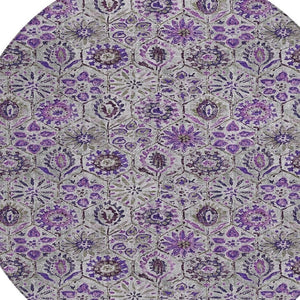 HomeRoots 5' Elegant Purple and Gray Floral Area Rug - Durable, Washable Design for Indoor and Outdoor Use 8' Round 626514