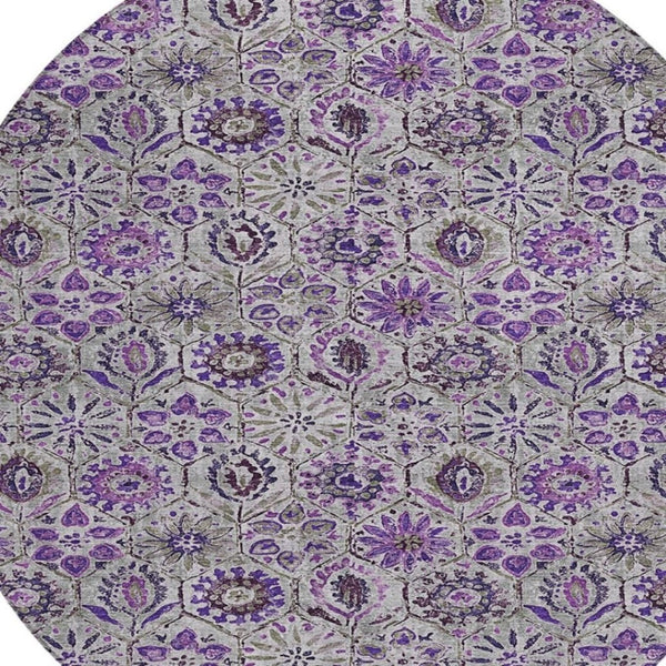HomeRoots 5' Elegant Purple and Gray Floral Area Rug - Durable, Washable Design for Indoor and Outdoor Use 8' Round 626514