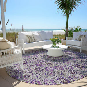 HomeRoots 5' Elegant Purple and Gray Floral Area Rug - Durable, Washable Design for Indoor and Outdoor Use 8' Round 626514
