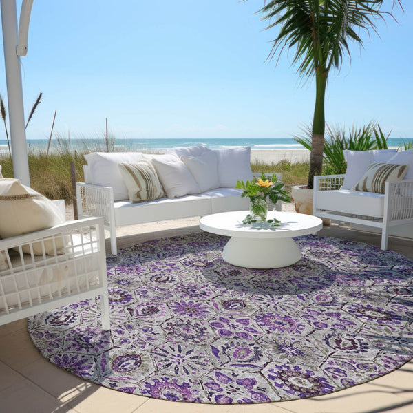 HomeRoots 5' Elegant Purple and Gray Floral Area Rug - Durable, Washable Design for Indoor and Outdoor Use 8' Round 626514