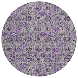 HomeRoots 5' Elegant Purple and Gray Floral Area Rug - Durable, Washable Design for Indoor and Outdoor Use 8' Round 626514