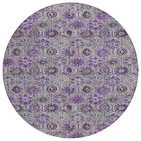 HomeRoots 5' Elegant Purple and Gray Floral Area Rug - Durable, Washable Design for Indoor and Outdoor Use 8' Round 626514