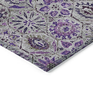 HomeRoots 5' Elegant Purple and Gray Floral Area Rug - Durable, Washable Design for Indoor and Outdoor Use 8' Round 626514