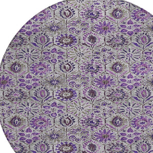 HomeRoots 5' Elegant Purple and Gray Floral Area Rug - Durable, Washable Design for Indoor and Outdoor Use 8' Round 626514