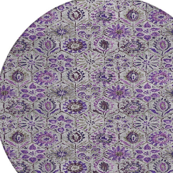 HomeRoots 5' Elegant Purple and Gray Floral Area Rug - Durable, Washable Design for Indoor and Outdoor Use 8' Round 626514