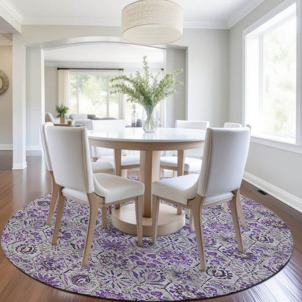 HomeRoots 5' Elegant Purple and Gray Floral Area Rug - Durable, Washable Design for Indoor and Outdoor Use 8' Round 626514