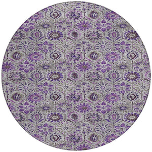 HomeRoots 5' Elegant Purple and Gray Floral Area Rug - Durable, Washable Design for Indoor and Outdoor Use 8' Round 626514
