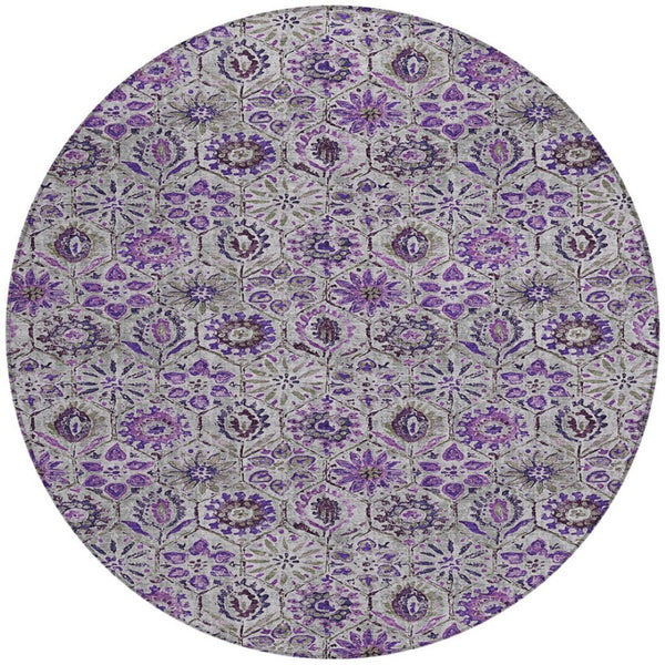 HomeRoots 5' Elegant Purple and Gray Floral Area Rug - Durable, Washable Design for Indoor and Outdoor Use 8' Round 626514