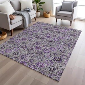 HomeRoots 5' Elegant Purple and Gray Floral Area Rug - Durable, Washable Design for Indoor and Outdoor Use 8' X 10' 626515