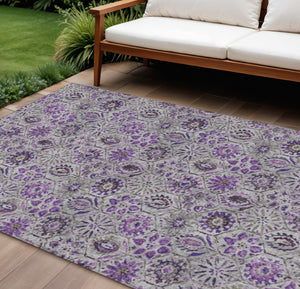 HomeRoots 5' Elegant Purple and Gray Floral Area Rug - Durable, Washable Design for Indoor and Outdoor Use 9' X 12' 626516