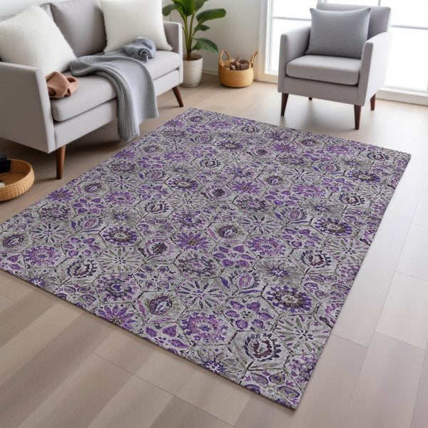 HomeRoots 5' Elegant Purple and Gray Floral Area Rug - Durable, Washable Design for Indoor and Outdoor Use 9' X 12' 626516