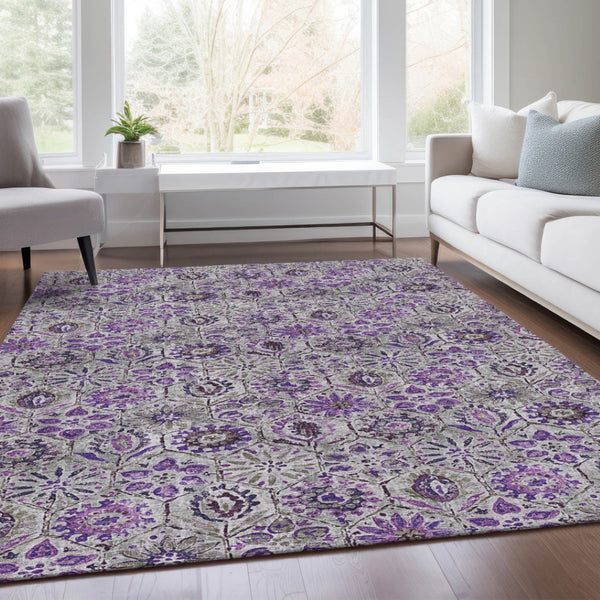 HomeRoots 5' Elegant Purple and Gray Floral Area Rug - Durable, Washable Design for Indoor and Outdoor Use 10' X 14' 626517