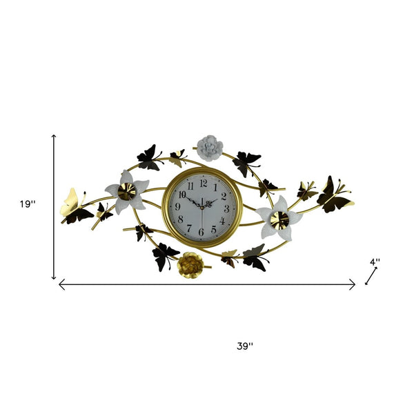 HomeRoots 39" Elegant Gold and White Butterfly Wall Clock with Silent Quartz Movement for Stunning Decor 626532