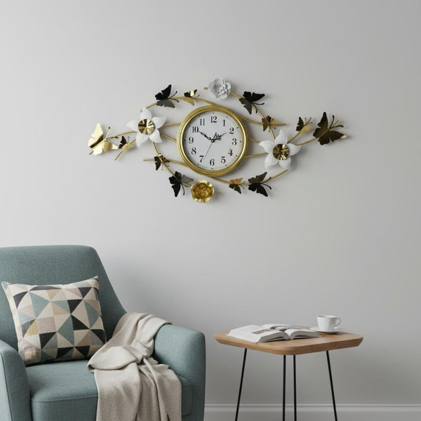 HomeRoots 39" Elegant Gold and White Butterfly Wall Clock with Silent Quartz Movement for Stunning Decor 626532