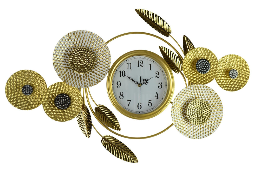 HomeRoots 37" Elegant Floral Metal Wall Clock - Silent, Stylish Timepiece in Gold, Silver & White Finish 626533
