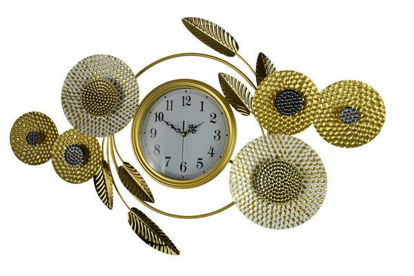 HomeRoots 37" Elegant Floral Metal Wall Clock - Silent, Stylish Timepiece in Gold, Silver & White Finish 626533