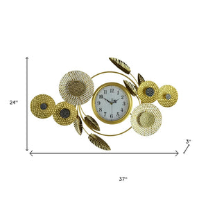 HomeRoots 37" Elegant Floral Metal Wall Clock - Silent, Stylish Timepiece in Gold, Silver & White Finish 626533