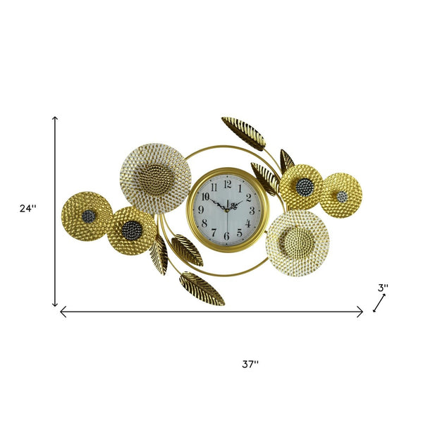 HomeRoots 37" Elegant Floral Metal Wall Clock - Silent, Stylish Timepiece in Gold, Silver & White Finish 626533