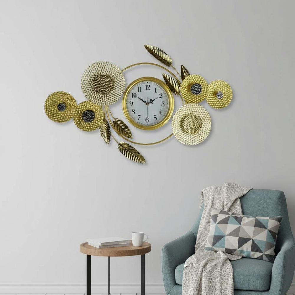 HomeRoots 37" Elegant Floral Metal Wall Clock - Silent, Stylish Timepiece in Gold, Silver & White Finish 626533