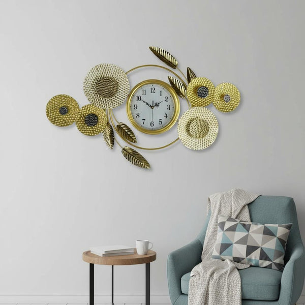 HomeRoots 37" Elegant Floral Metal Wall Clock - Silent, Stylish Timepiece in Gold, Silver & White Finish 626533