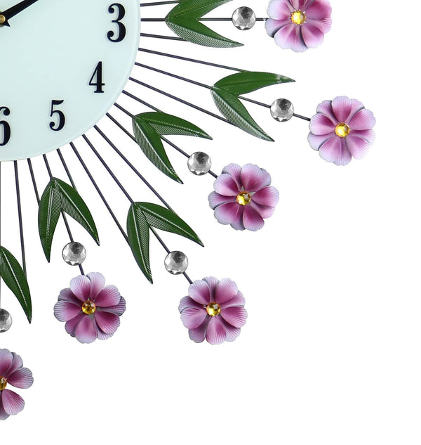 Homeroots 27" Elegant Floral Silent Wall Clock In Purple, Green & White – Stunning Home Decor Accent!   626534