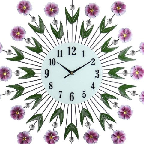 Homeroots 27" Elegant Floral Silent Wall Clock In Purple, Green & White – Stunning Home Decor Accent!   626534