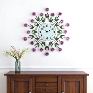 Homeroots 27" Elegant Floral Silent Wall Clock In Purple, Green & White – Stunning Home Decor Accent!   626534