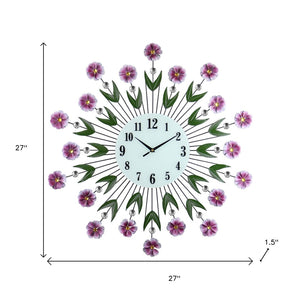 Homeroots 27" Elegant Floral Silent Wall Clock In Purple, Green & White – Stunning Home Decor Accent!   626534
