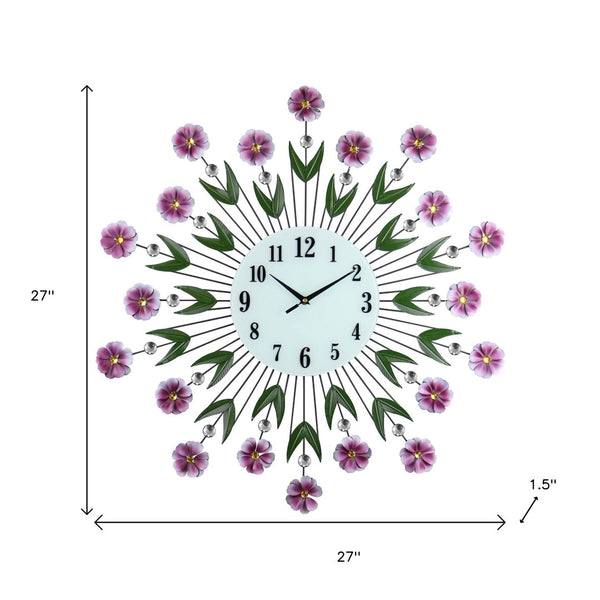 Homeroots 27" Elegant Floral Silent Wall Clock In Purple, Green & White – Stunning Home Decor Accent!   626534