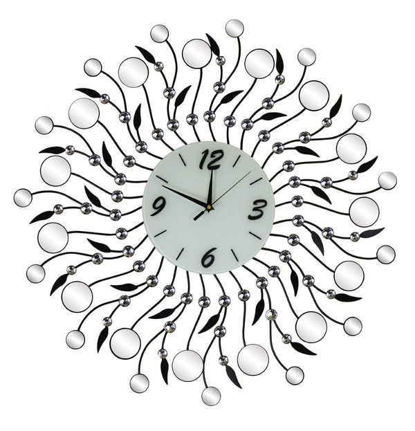 HomeRoots 28" Elegant Silver and Black Round Wall Clock with Silent Sweep Movement and Floral Glass Design 626535