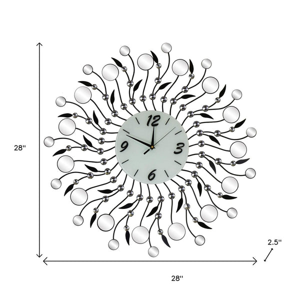 HomeRoots 28" Elegant Silver and Black Round Wall Clock with Silent Sweep Movement and Floral Glass Design 626535