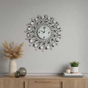 HomeRoots 28" Elegant Silver and Black Round Wall Clock with Silent Sweep Movement and Floral Glass Design 626535