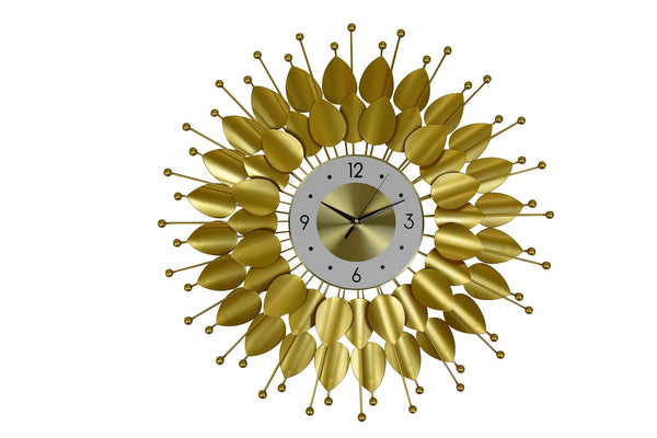 HomeRoots 28" Elegant Gold and White Metal Sunburst Wall Clock with Floral Dial - Silent Quartz Movement Decor 626537