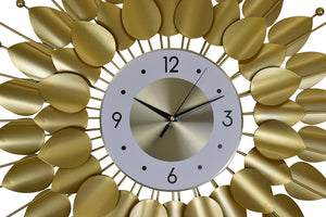 HomeRoots 28" Elegant Gold and White Metal Sunburst Wall Clock with Floral Dial - Silent Quartz Movement Decor 626537