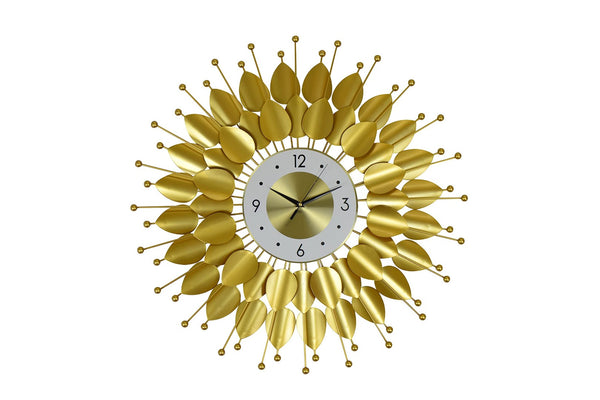 HomeRoots 28" Elegant Gold and White Metal Sunburst Wall Clock with Floral Dial - Silent Quartz Movement Decor 626537