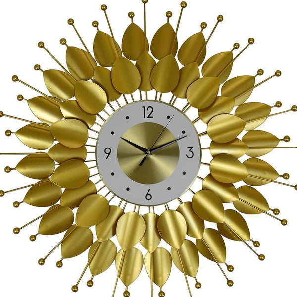 HomeRoots 28" Elegant Gold and White Metal Sunburst Wall Clock with Floral Dial - Silent Quartz Movement Decor 626537