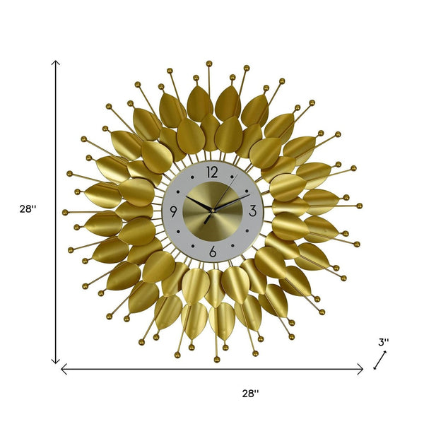 HomeRoots 28" Elegant Gold and White Metal Sunburst Wall Clock with Floral Dial - Silent Quartz Movement Decor 626537