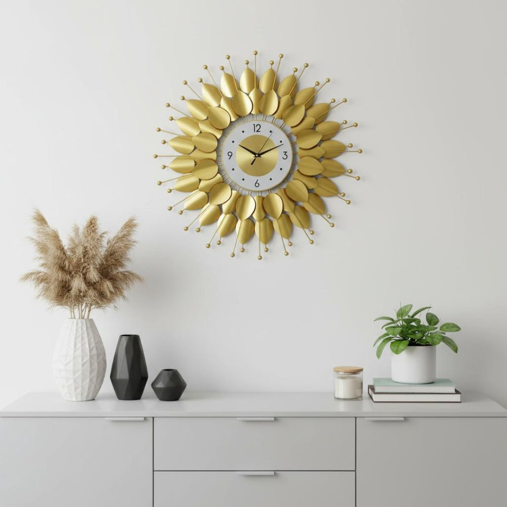 HomeRoots 28" Elegant Gold and White Metal Sunburst Wall Clock with Floral Dial - Silent Quartz Movement Decor 626537