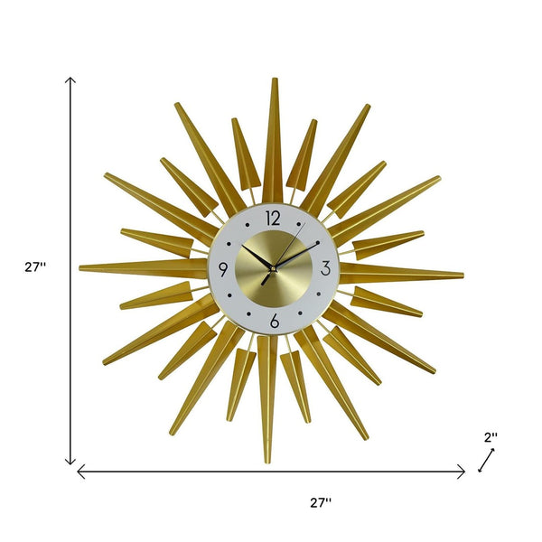 HomeRoots 27" Gold and White Metal Sunburst Wall Clock - Elegant Silent Quartz Design for Modern Décor & Style 626539