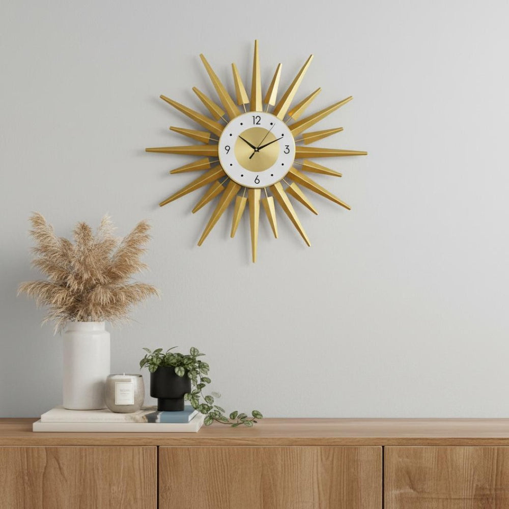 HomeRoots 27" Gold and White Metal Sunburst Wall Clock - Elegant Silent Quartz Design for Modern Décor & Style 626539