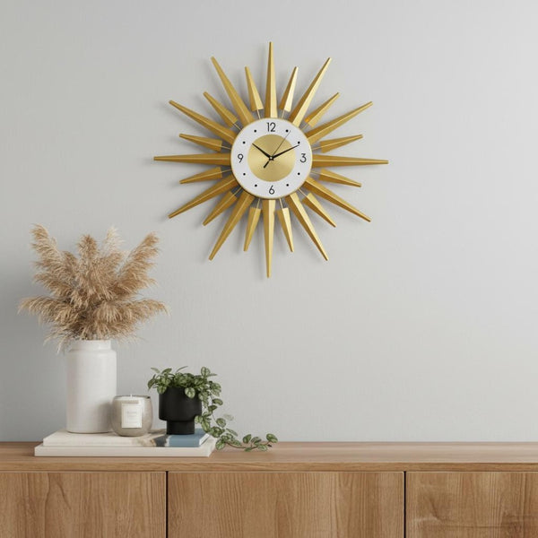 HomeRoots 27" Gold and White Metal Sunburst Wall Clock - Elegant Silent Quartz Design for Modern Décor & Style 626539
