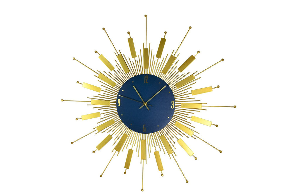 HomeRoots 27" Elegant Gold and Blue Metal Sunburst Wall Clock with Silent Movement – Perfect for Any Space! 626541