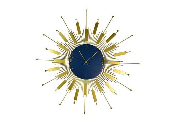 HomeRoots 27" Elegant Gold and Blue Metal Sunburst Wall Clock with Silent Movement – Perfect for Any Space! 626541
