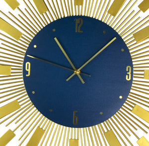 HomeRoots 27" Elegant Gold and Blue Metal Sunburst Wall Clock with Silent Movement – Perfect for Any Space! 626541