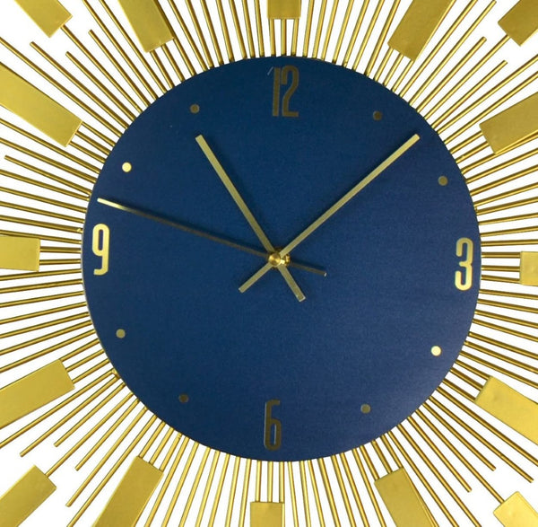 HomeRoots 27" Elegant Gold and Blue Metal Sunburst Wall Clock with Silent Movement – Perfect for Any Space! 626541